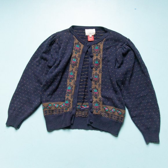 Vintage Sweaters - 80s Susan Bristol Hand Embroidered Cottage Heart Cardigan Sweater Grandma Medium